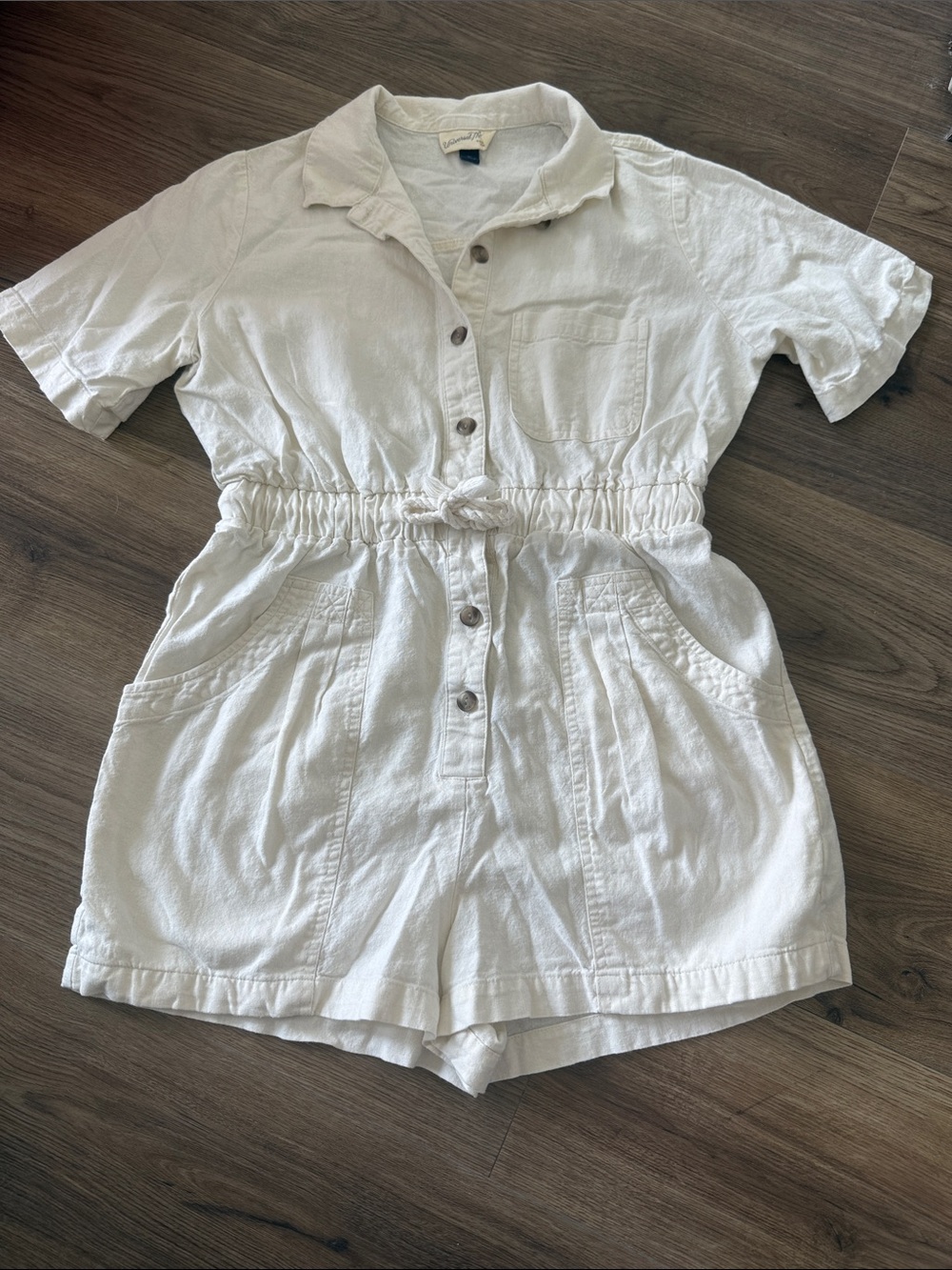 Universal Thread Cream Button-Front Short-Sleeve Linen Romper